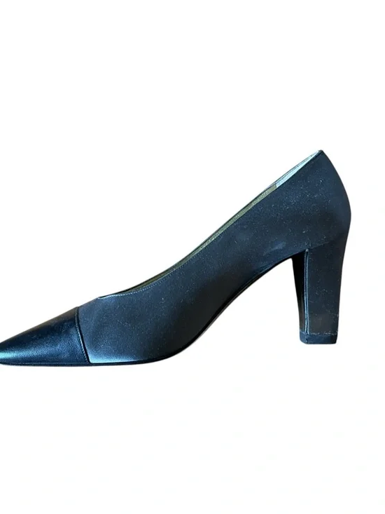 Vintage Chanel Satin Block Heel Leather Cap Toe Pumps - Picture 9 of 9